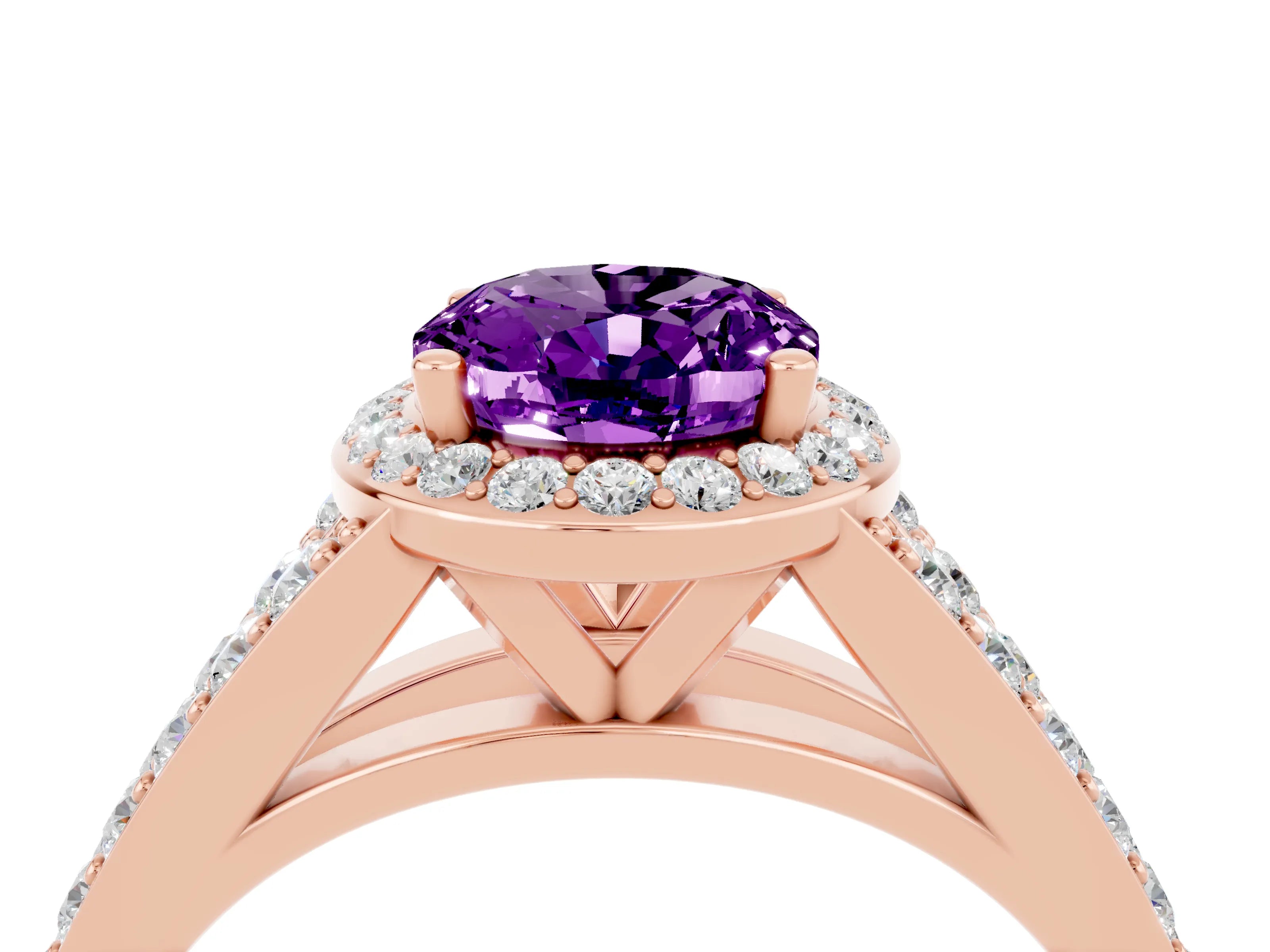 Rose gold Oval Cut Amethyst Split Shank Halo Ring with Four-Prong Setting_16