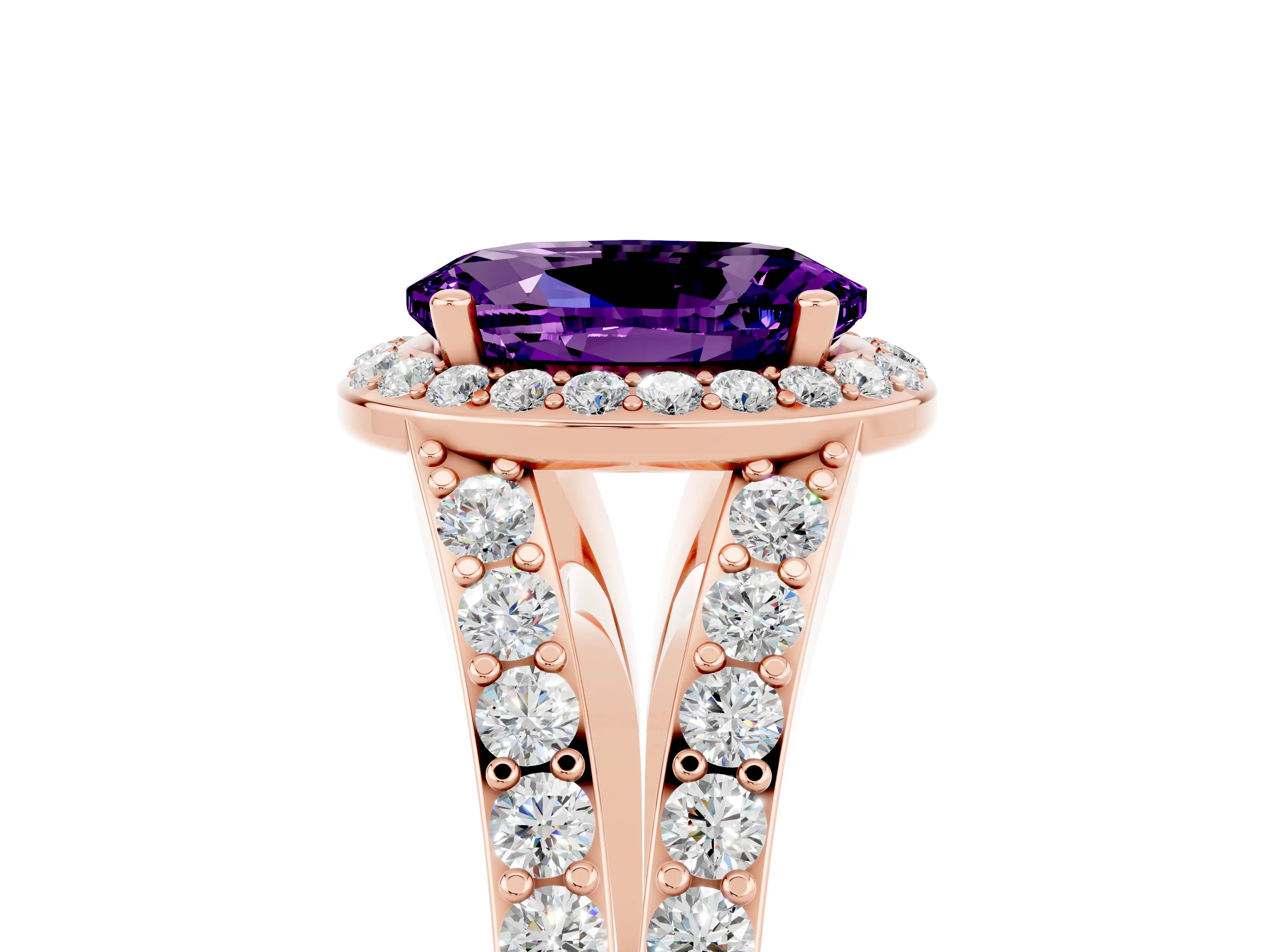 Rose gold Oval Cut Amethyst Split Shank Halo Ring with Four-Prong Setting_17