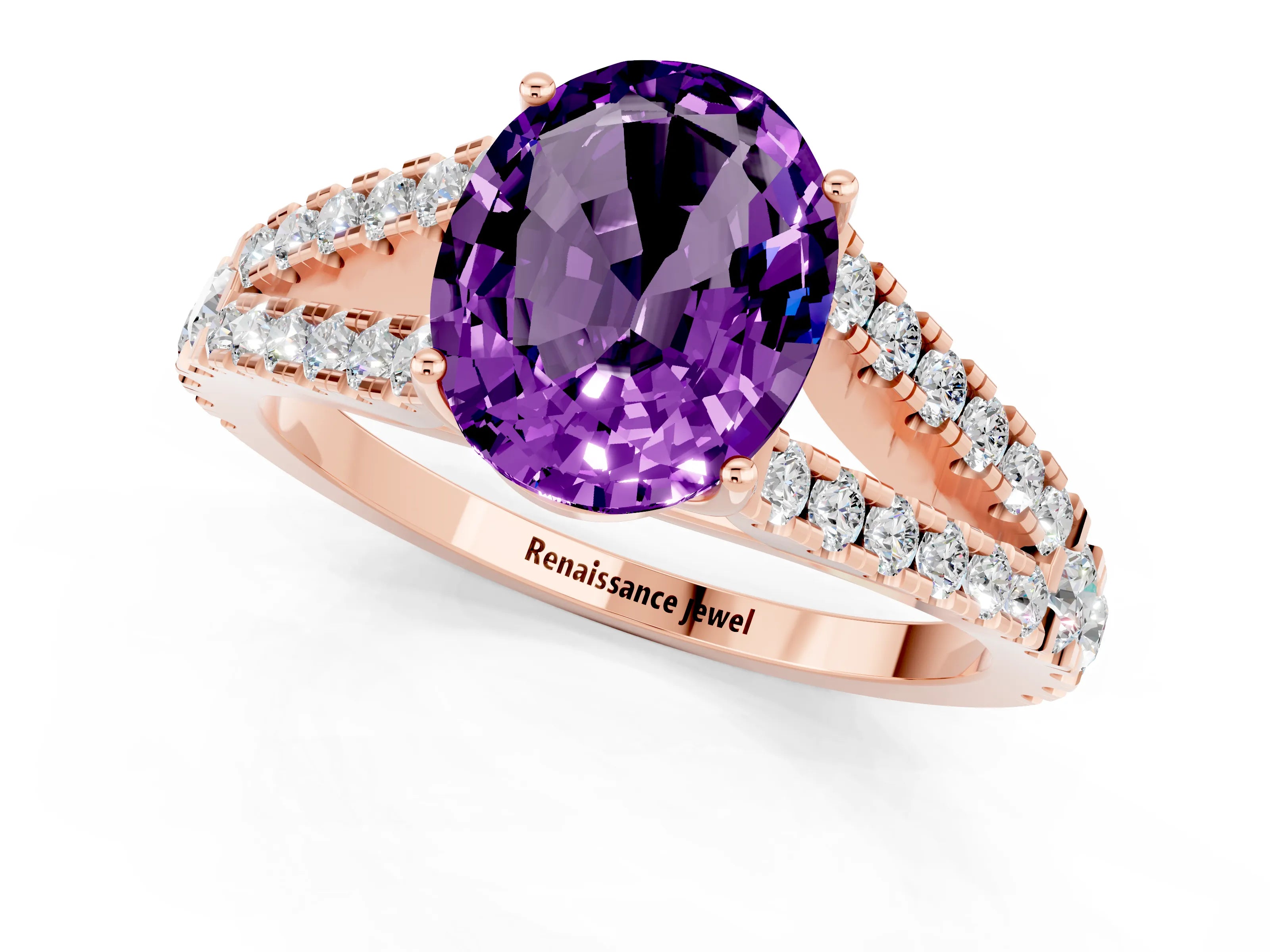 Rose gold Oval Cut Amethyst Split Shank Pavé Engagement Ring with Four-Prong Setting_13