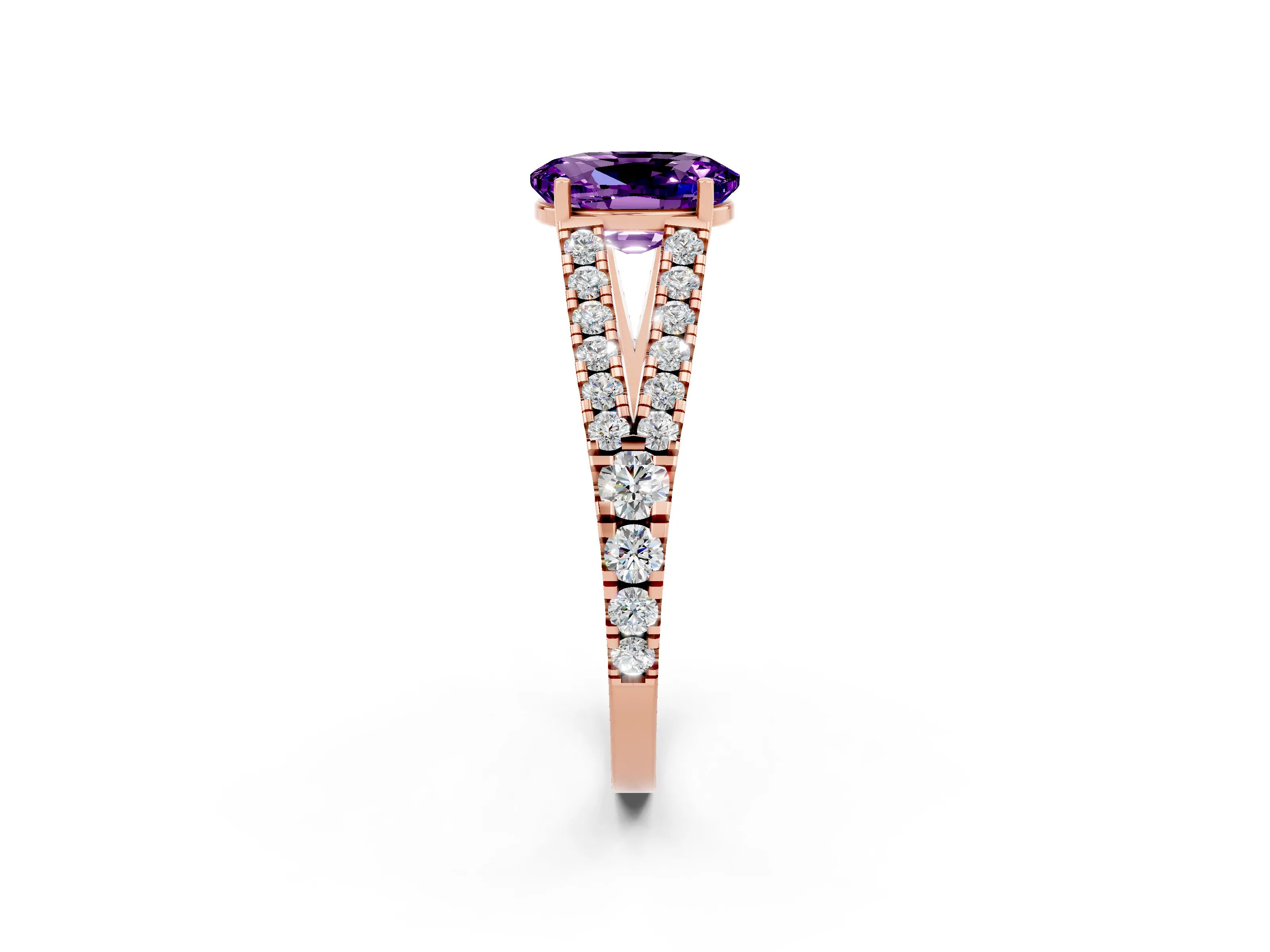 Rose gold Oval Cut Amethyst Split Shank Pavé Engagement Ring with Four-Prong Setting_14