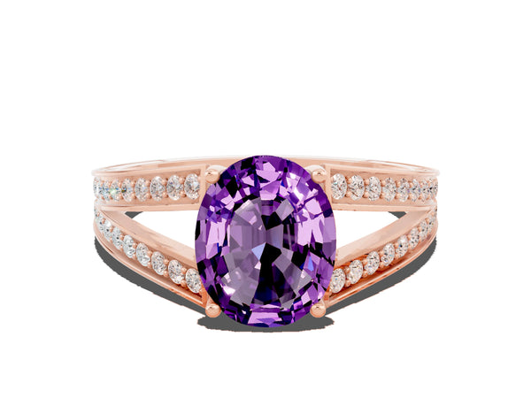Rose gold Oval Cut Amethyst Split Shank Ring with Pavé Band and Four-Prong Setting