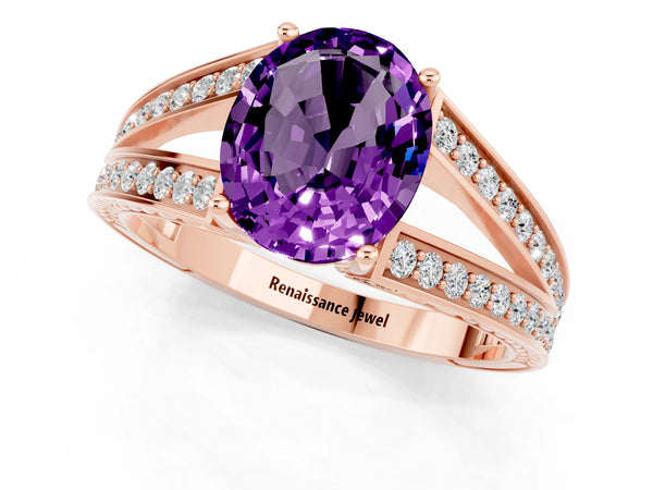 Rose gold Oval Cut Amethyst Split Shank Ring with Pavé Band and Four-Prong Setting