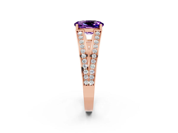 Rose gold Oval Cut Amethyst Split Shank Ring with Pavé Band and Four-Prong Setting