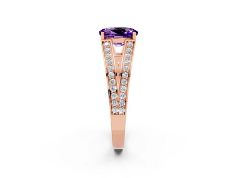 Rose gold Oval Cut Amethyst Split Shank Ring with Pavé Band and Four-Prong Setting_2