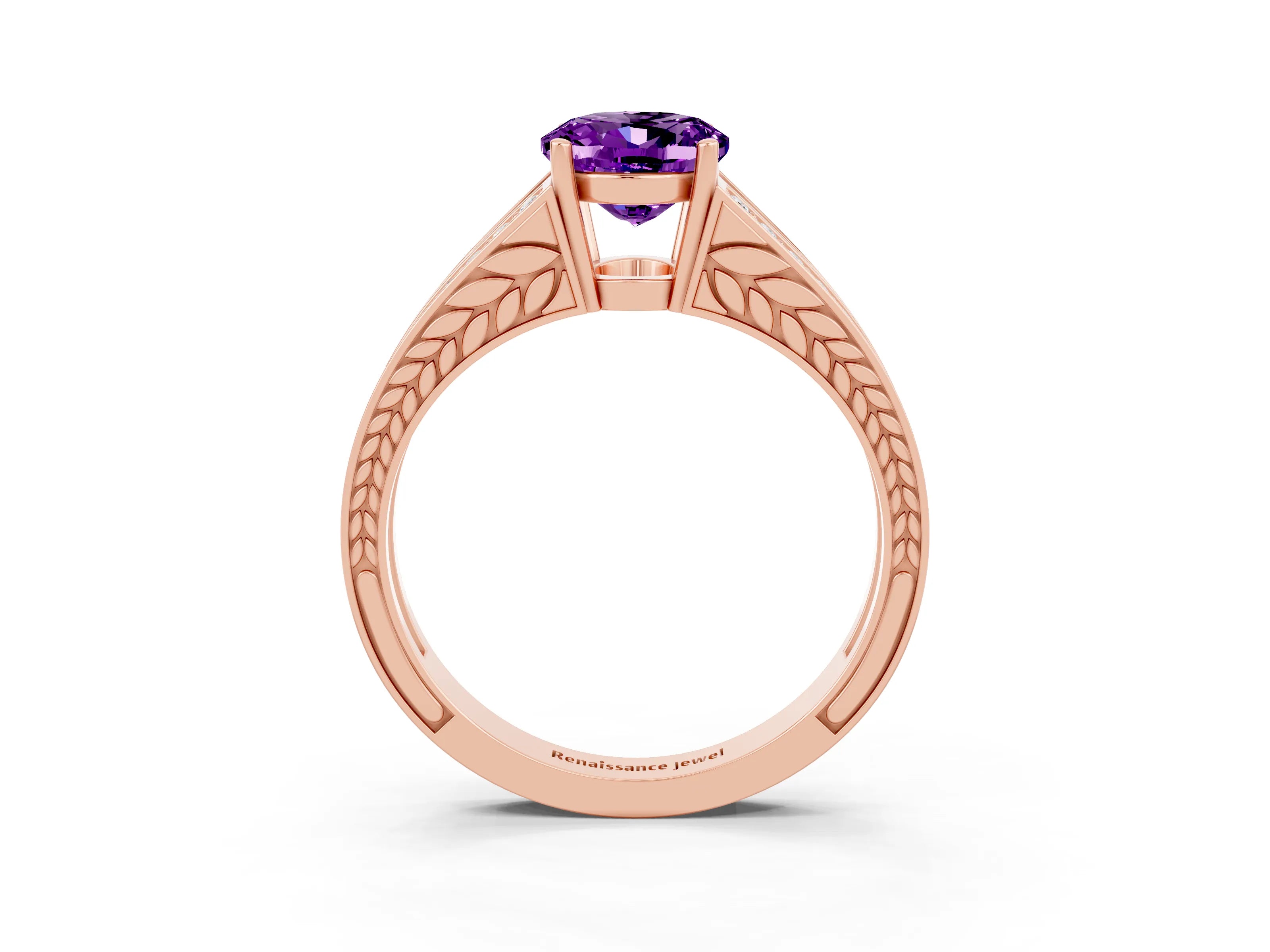 Rose gold Oval Cut Amethyst Split Shank Ring with Pavé Band and Four-Prong Setting_3