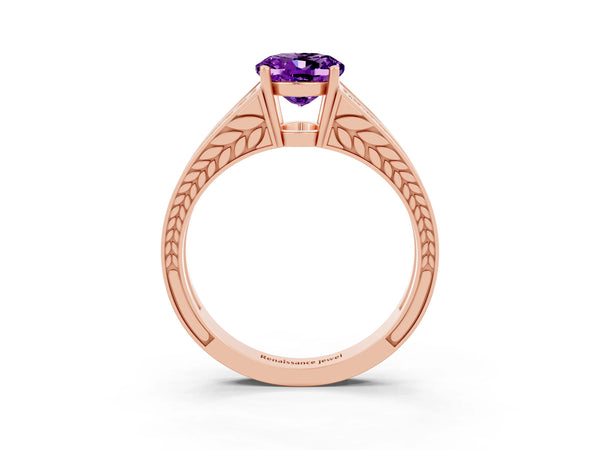 Rose gold Oval Cut Amethyst Split Shank Ring with Pavé Band and Four-Prong Setting