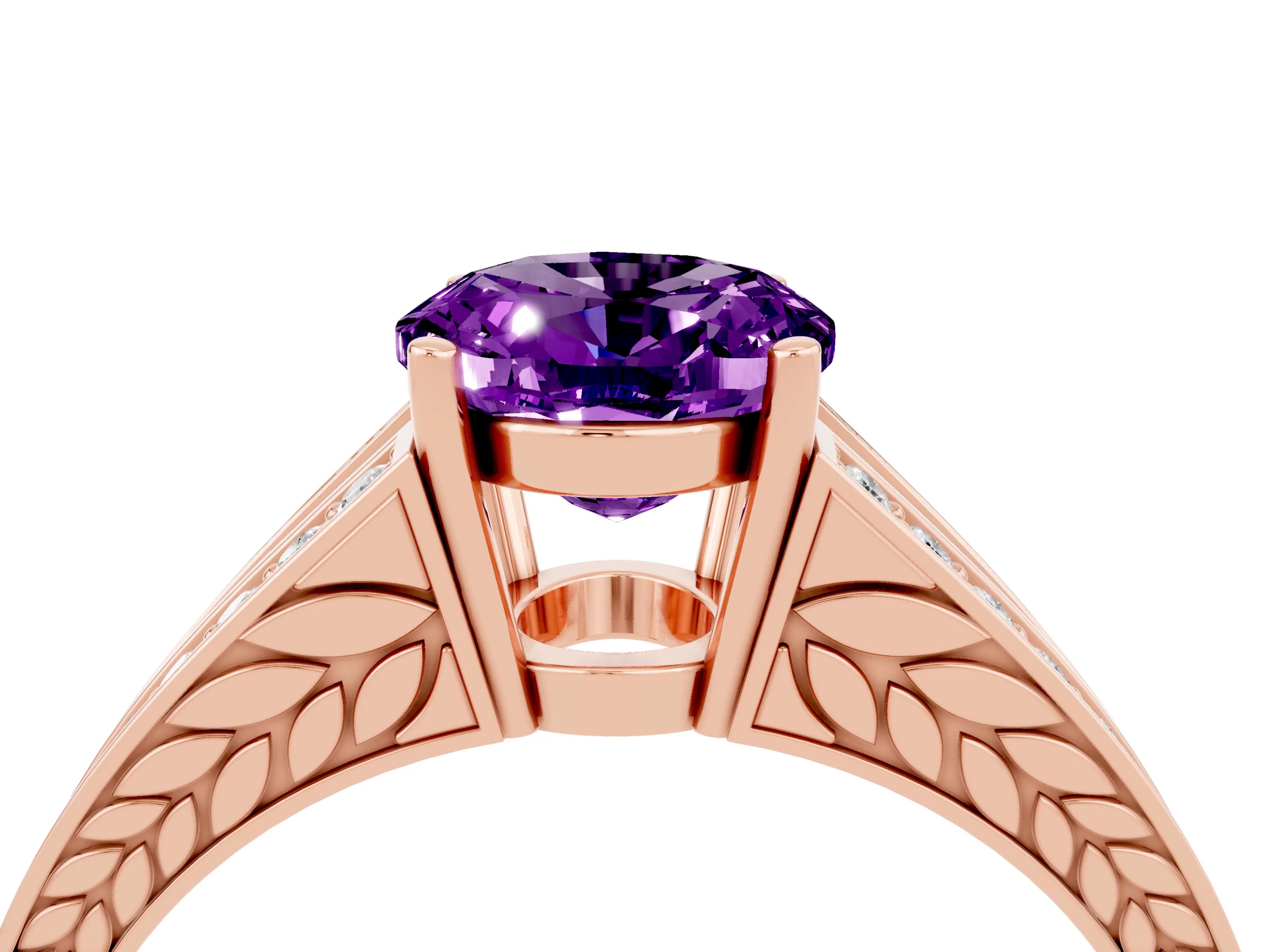 Rose gold Oval Cut Amethyst Split Shank Ring with Pavé Band and Four-Prong Setting_4