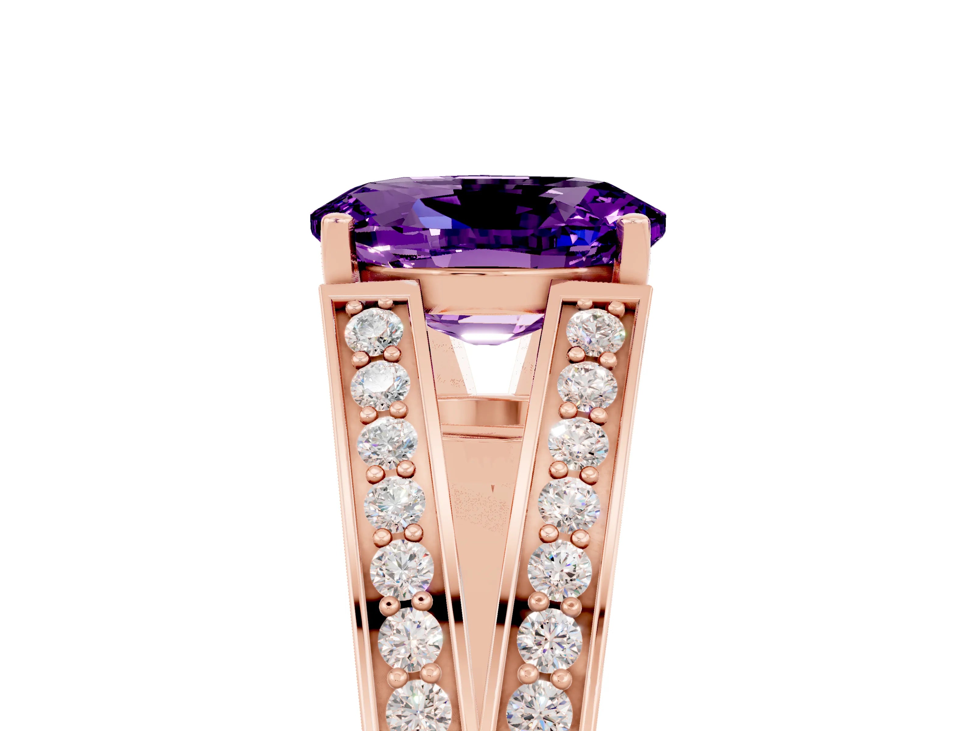 Rose gold Oval Cut Amethyst Split Shank Ring with Pavé Band and Four-Prong Setting_5
