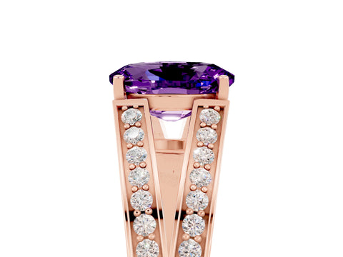 Rose gold Oval Cut Amethyst Split Shank Ring with Pavé Band and Four-Prong Setting_5