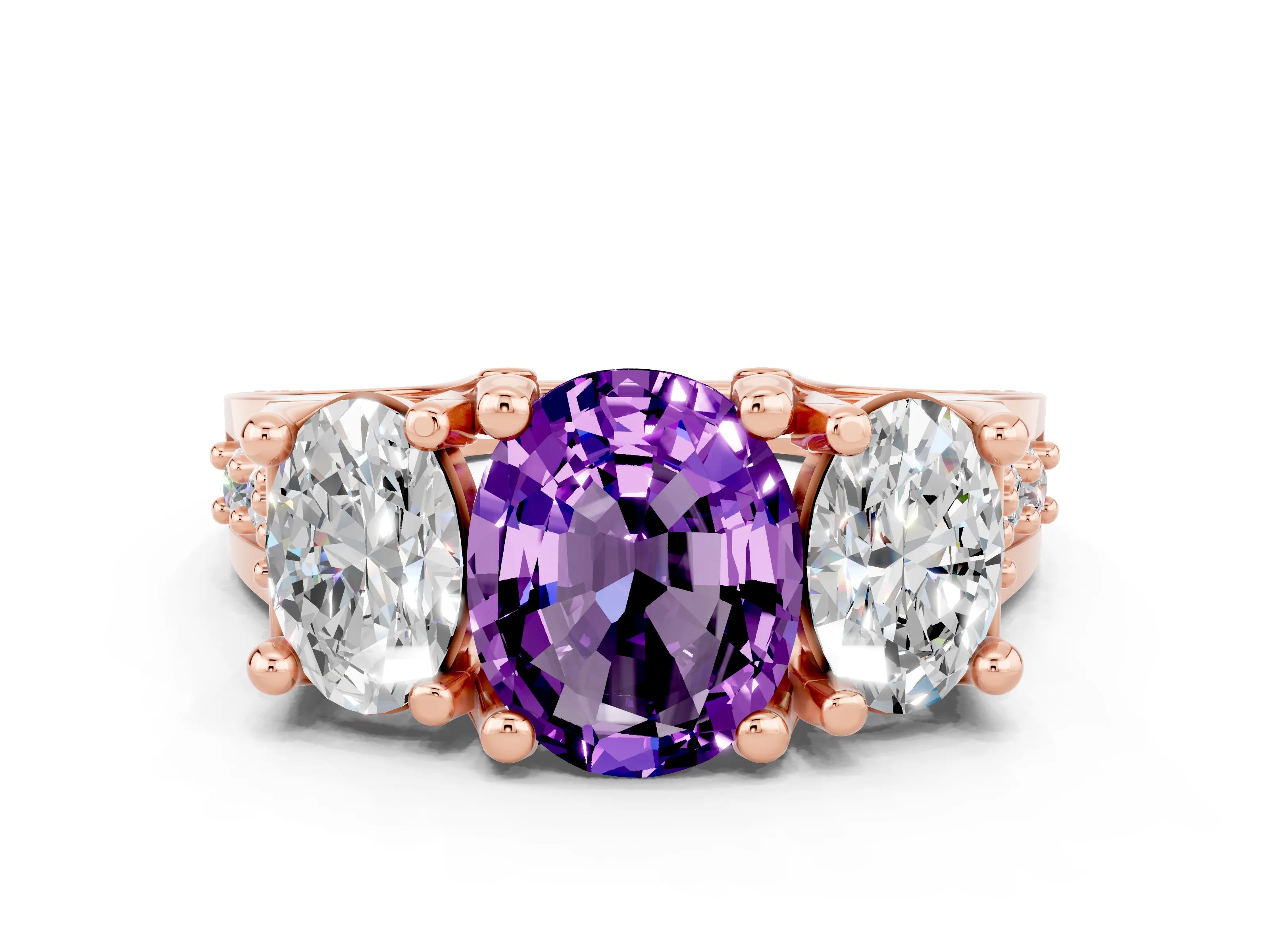 Rose gold Oval Cut Amethyst Three-Stone Ring with Channel Set Band and Four-Prong Setting
