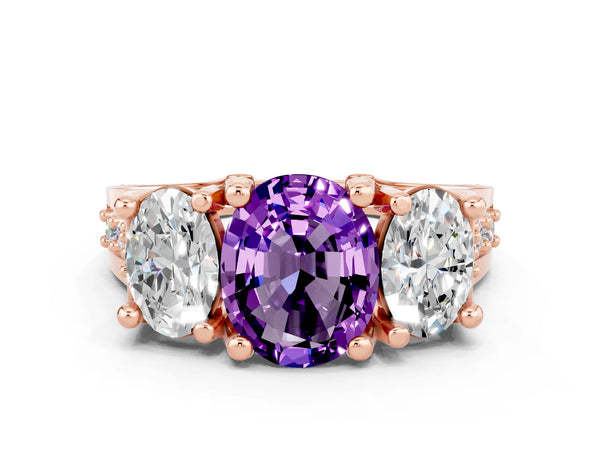 Rose gold Oval Cut Amethyst Three-Stone Ring with Channel Set Band and Four-Prong Setting