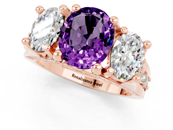 Rose gold Oval Cut Amethyst Three-Stone Ring with Channel Set Band and Four-Prong Setting