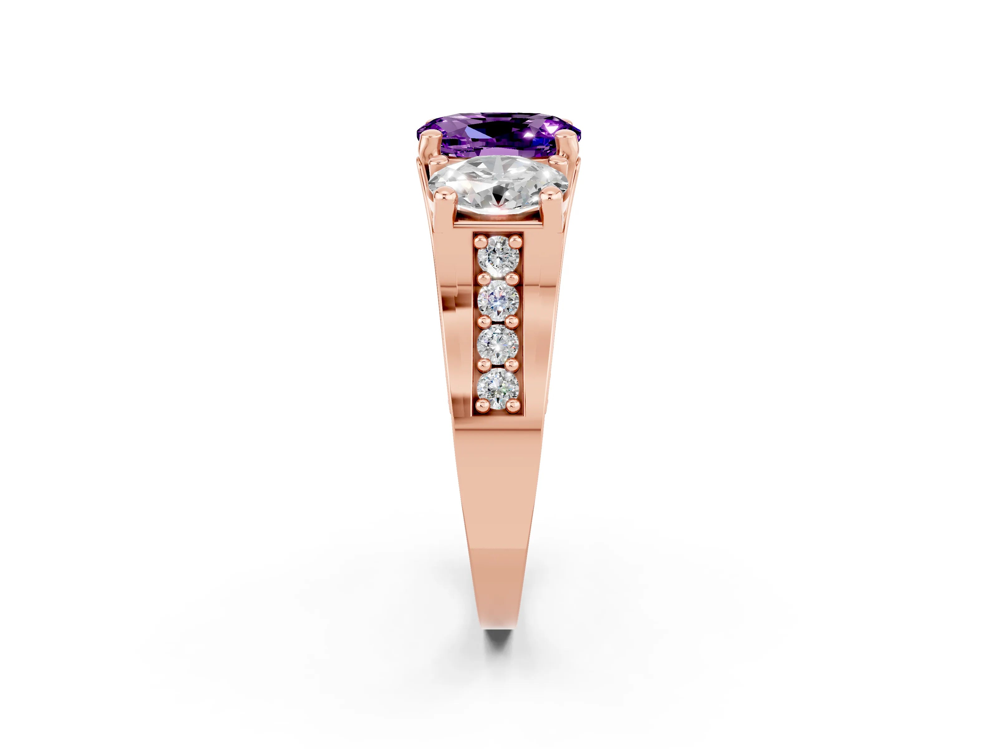Rose gold Oval Cut Amethyst Three-Stone Ring with Channel Set Band and Four-Prong Setting_2