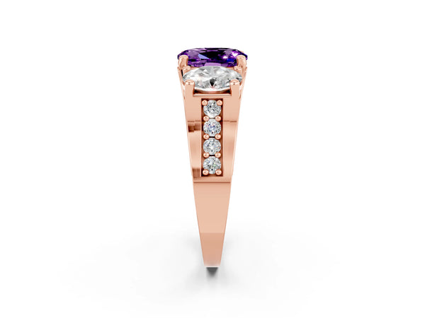 Rose gold Oval Cut Amethyst Three-Stone Ring with Channel Set Band and Four-Prong Setting