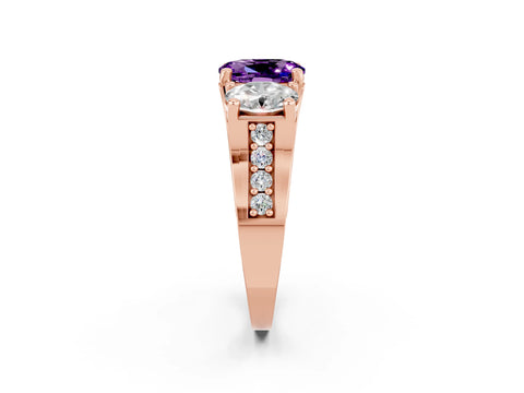 Rose gold Oval Cut Amethyst Three-Stone Ring with Channel Set Band and Four-Prong Setting_2