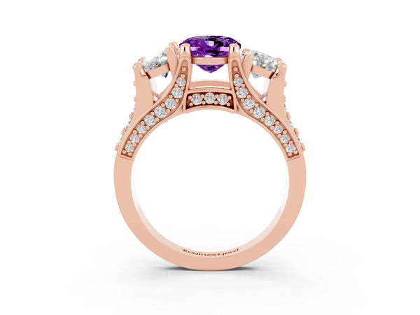 Rose gold Oval Cut Amethyst Three-Stone Ring with Channel Set Band and Four-Prong Setting