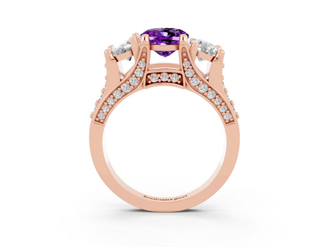 Rose gold Oval Cut Amethyst Three-Stone Ring with Channel Set Band and Four-Prong Setting_3