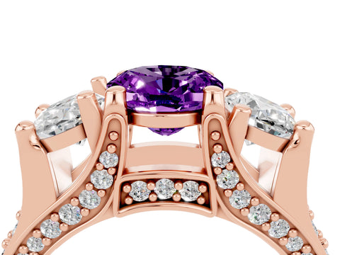 Rose gold Oval Cut Amethyst Three-Stone Ring with Channel Set Band and Four-Prong Setting_4