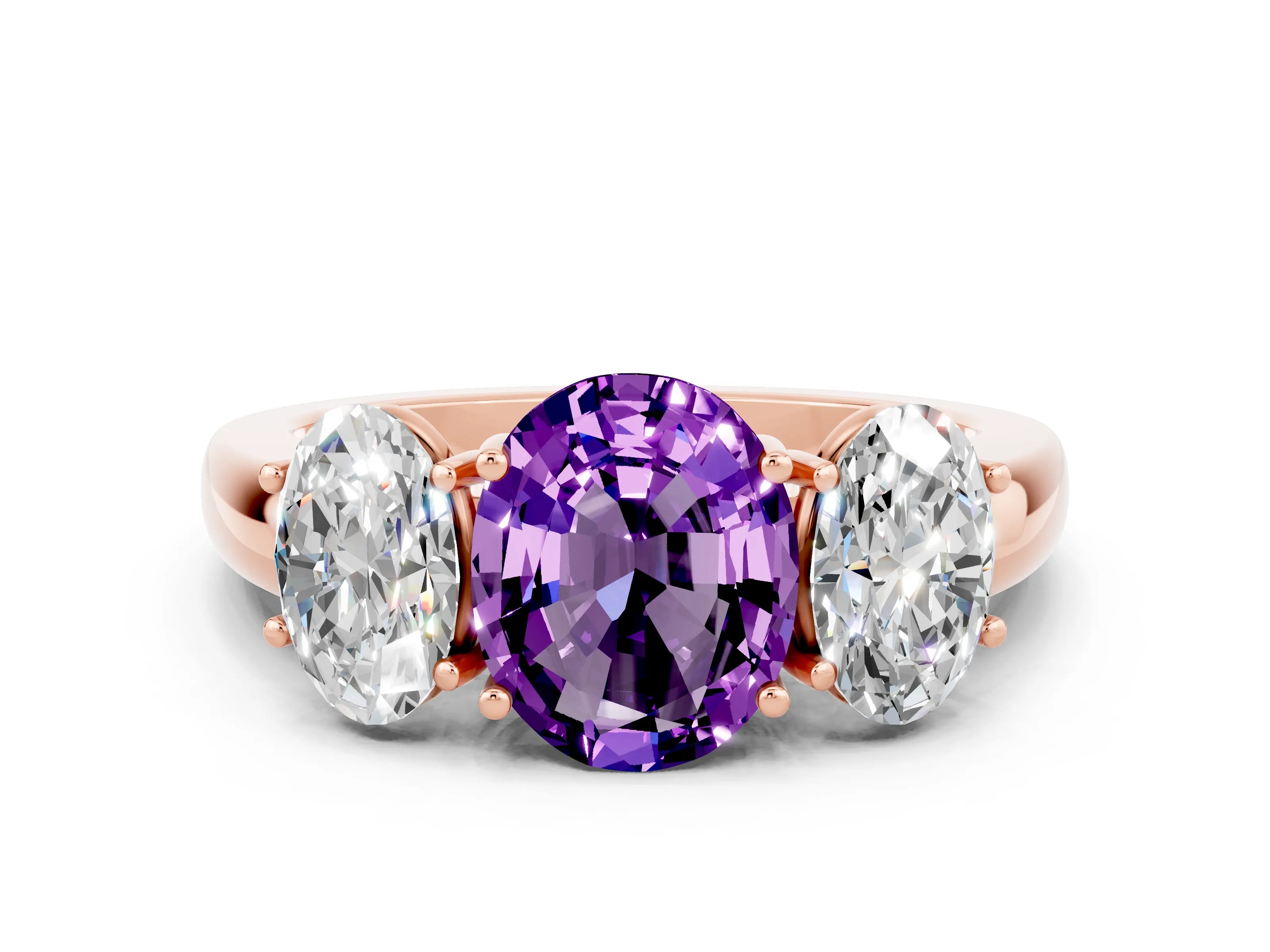 Rose gold Oval Cut Amethyst Three-Stone Ring with Four-Prong Setting and Classic Band