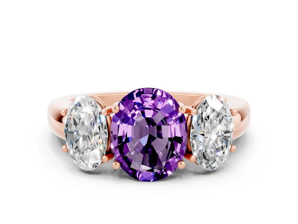 Rose gold Oval Cut Amethyst Three-Stone Ring with Four-Prong Setting and Classic Band