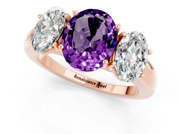 Rose gold Oval Cut Amethyst Three-Stone Ring with Four-Prong Setting and Classic Band