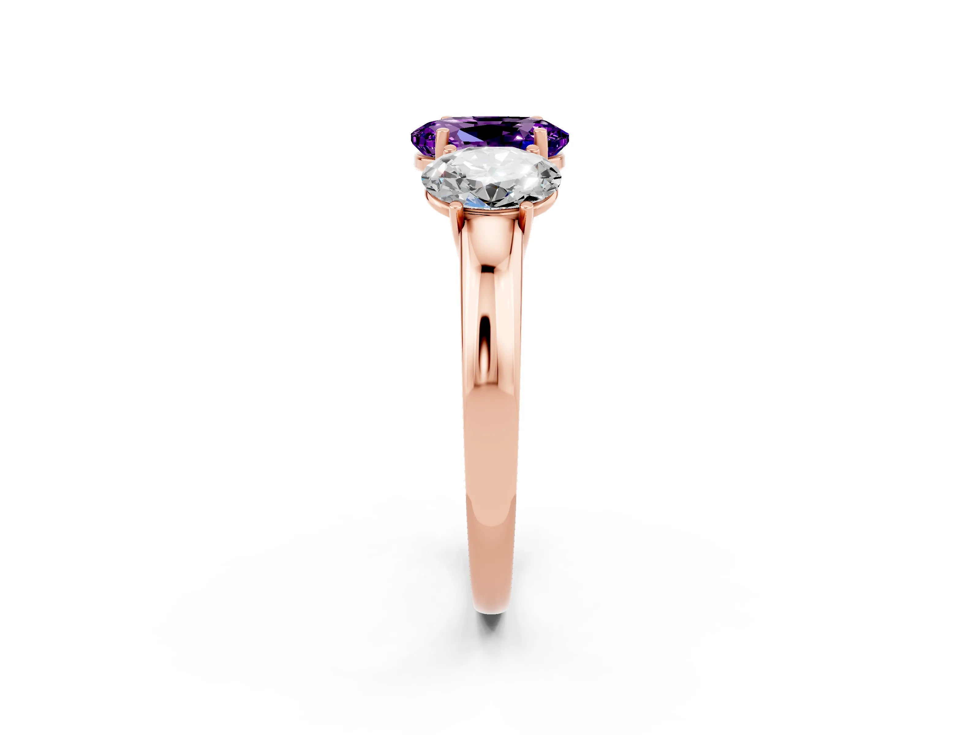 Rose gold Oval Cut Amethyst Three-Stone Ring with Four-Prong Setting and Classic Band_2