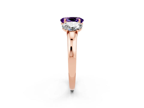 Rose gold Oval Cut Amethyst Three-Stone Ring with Four-Prong Setting and Classic Band_2