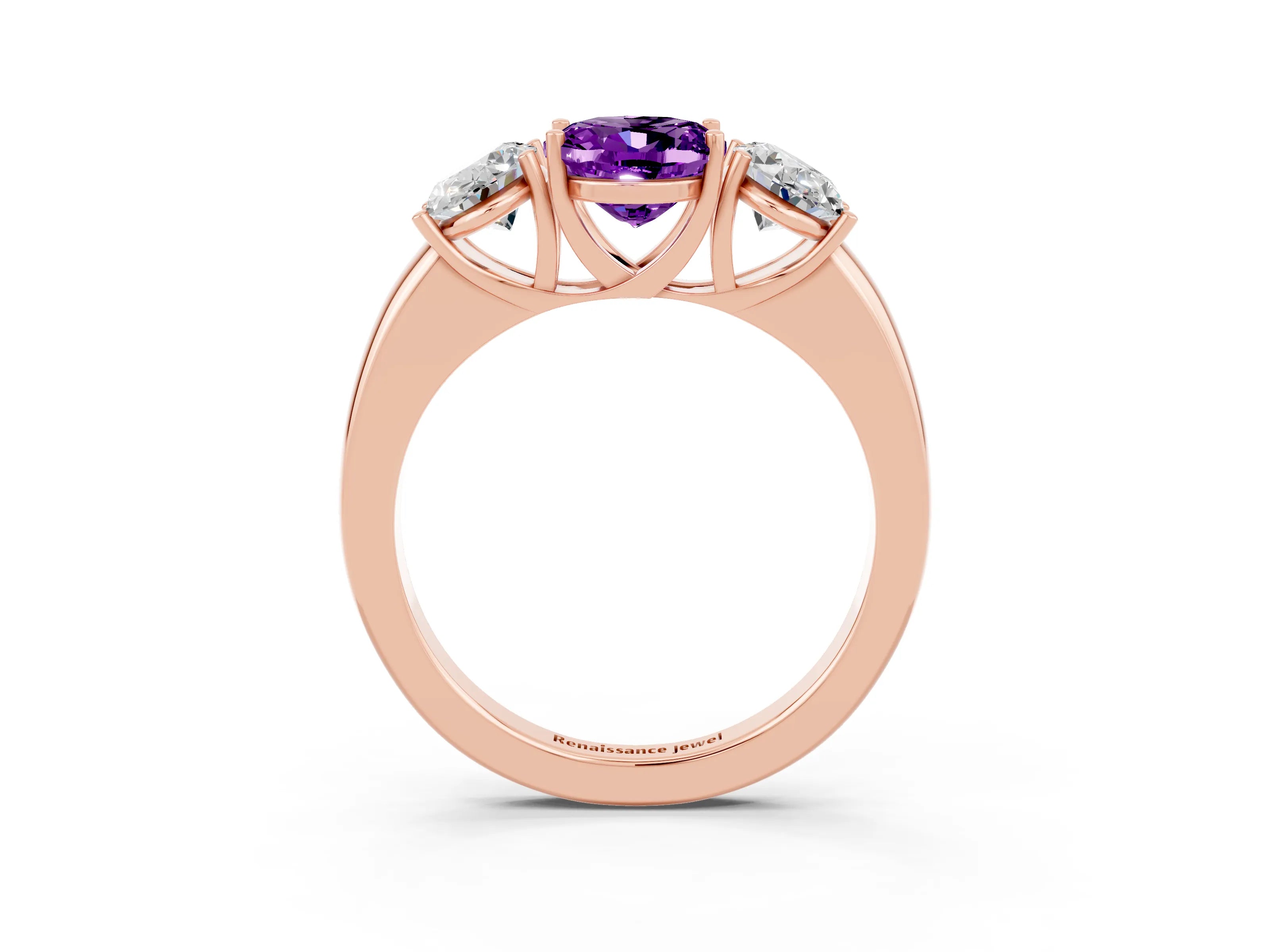 Rose gold Oval Cut Amethyst Three-Stone Ring with Four-Prong Setting and Classic Band_3