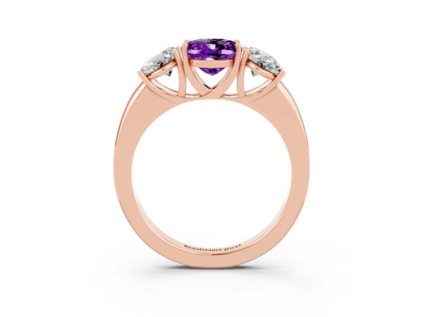 Rose gold Oval Cut Amethyst Three-Stone Ring with Four-Prong Setting and Classic Band