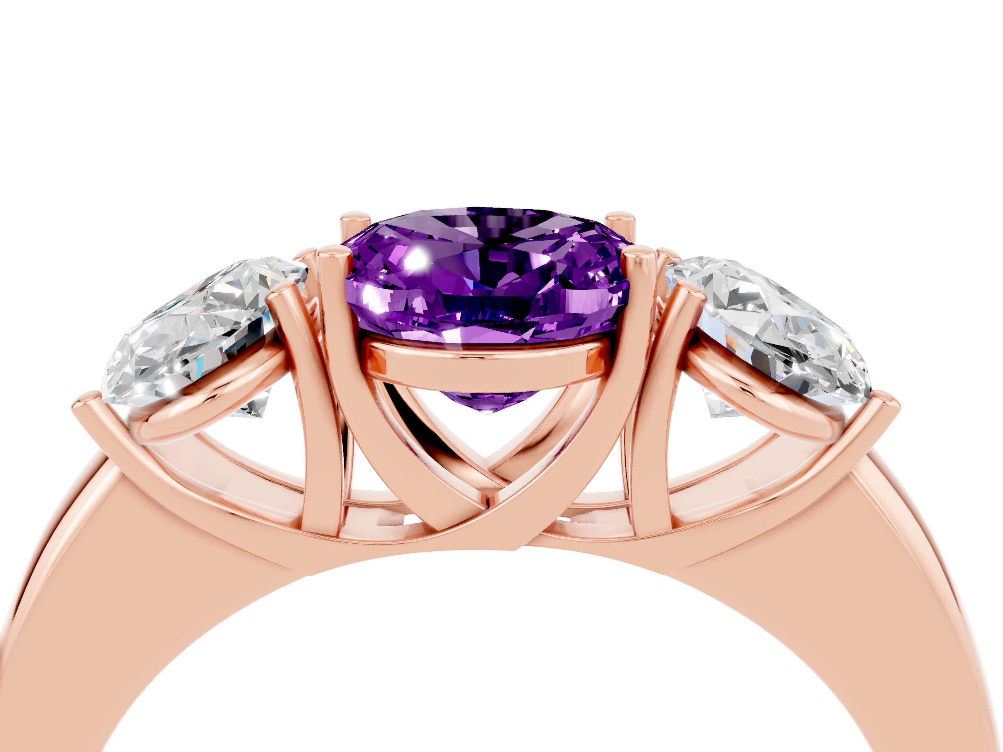 Rose gold Oval Cut Amethyst Three-Stone Ring with Four-Prong Setting and Classic Band_4