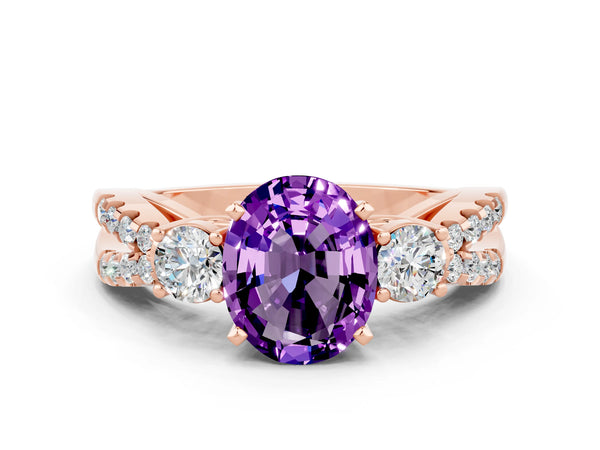 Rose gold Oval Cut Amethyst Three-Stone Ring with Pavé Split Shank and Four-Prong Setting