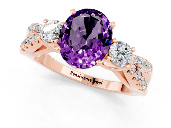 Rose gold Oval Cut Amethyst Three-Stone Ring with Pavé Split Shank and Four-Prong Setting