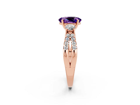 Rose gold Oval Cut Amethyst Three-Stone Ring with Pavé Split Shank and Four-Prong Setting_14
