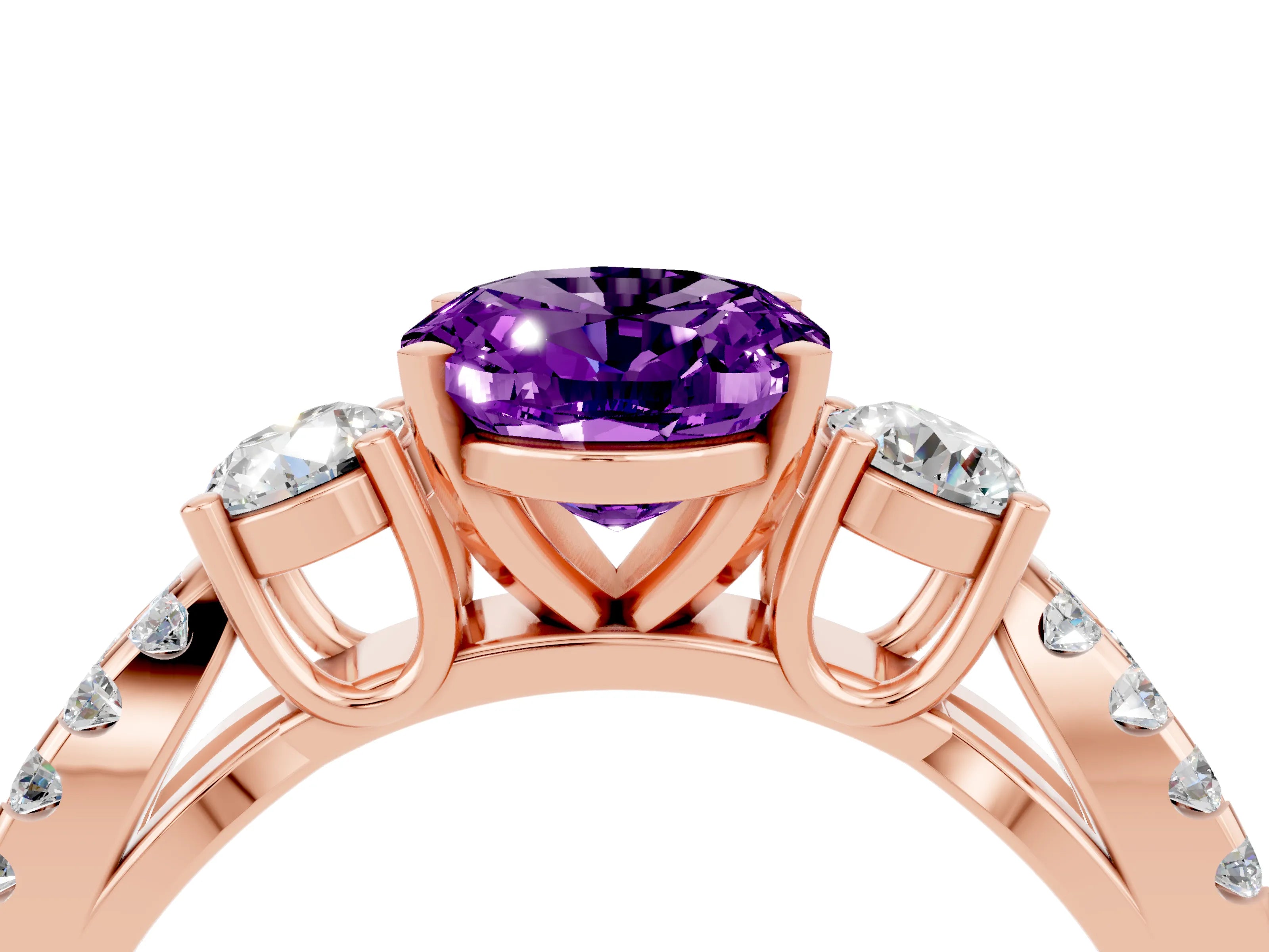 Rose gold Oval Cut Amethyst Three-Stone Ring with Pavé Split Shank and Four-Prong Setting_16