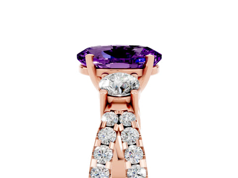 Rose gold Oval Cut Amethyst Three-Stone Ring with Pavé Split Shank and Four-Prong Setting_17