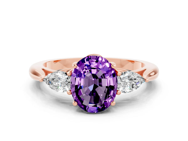 Rose gold Oval Cut Amethyst Three-Stone Ring with Pear Side Stones and Prong Setting
