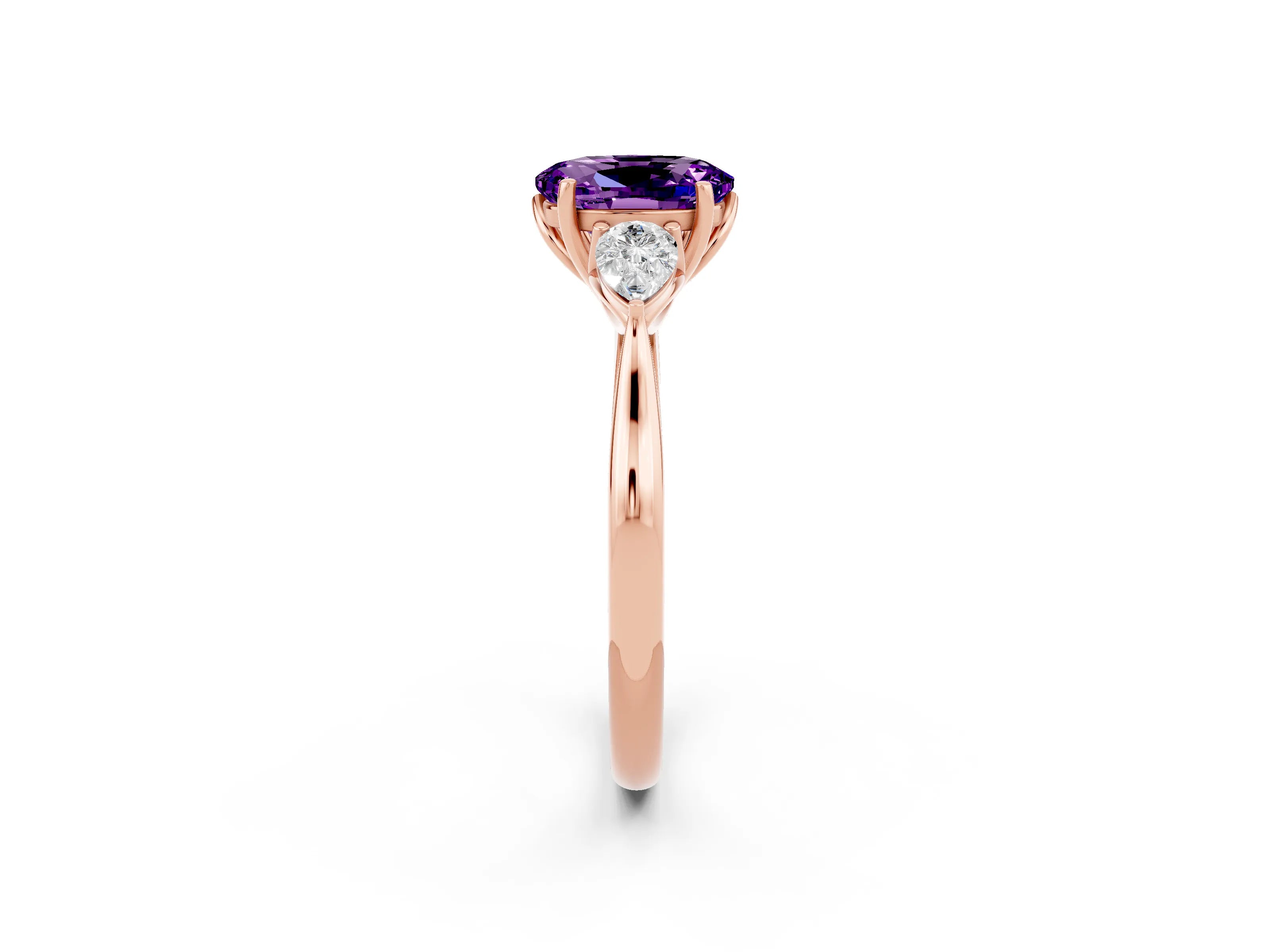 Rose gold Oval Cut Amethyst Three-Stone Ring with Pear Side Stones and Four-Prong Setting_14