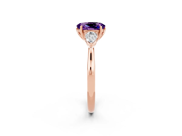 Rose gold Oval Cut Amethyst Three-Stone Ring with Pear Side Stones and Prong Setting