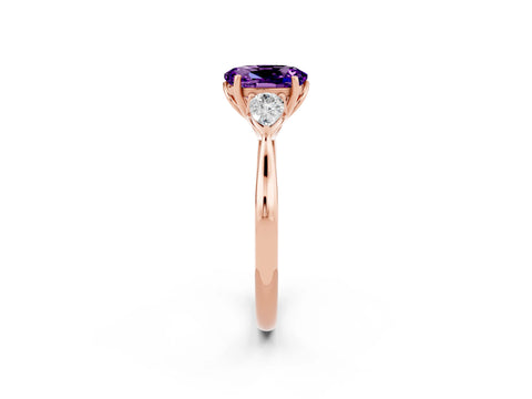 Rose gold Oval Cut Amethyst Three-Stone Ring with Pear Side Stones and Four-Prong Setting_14