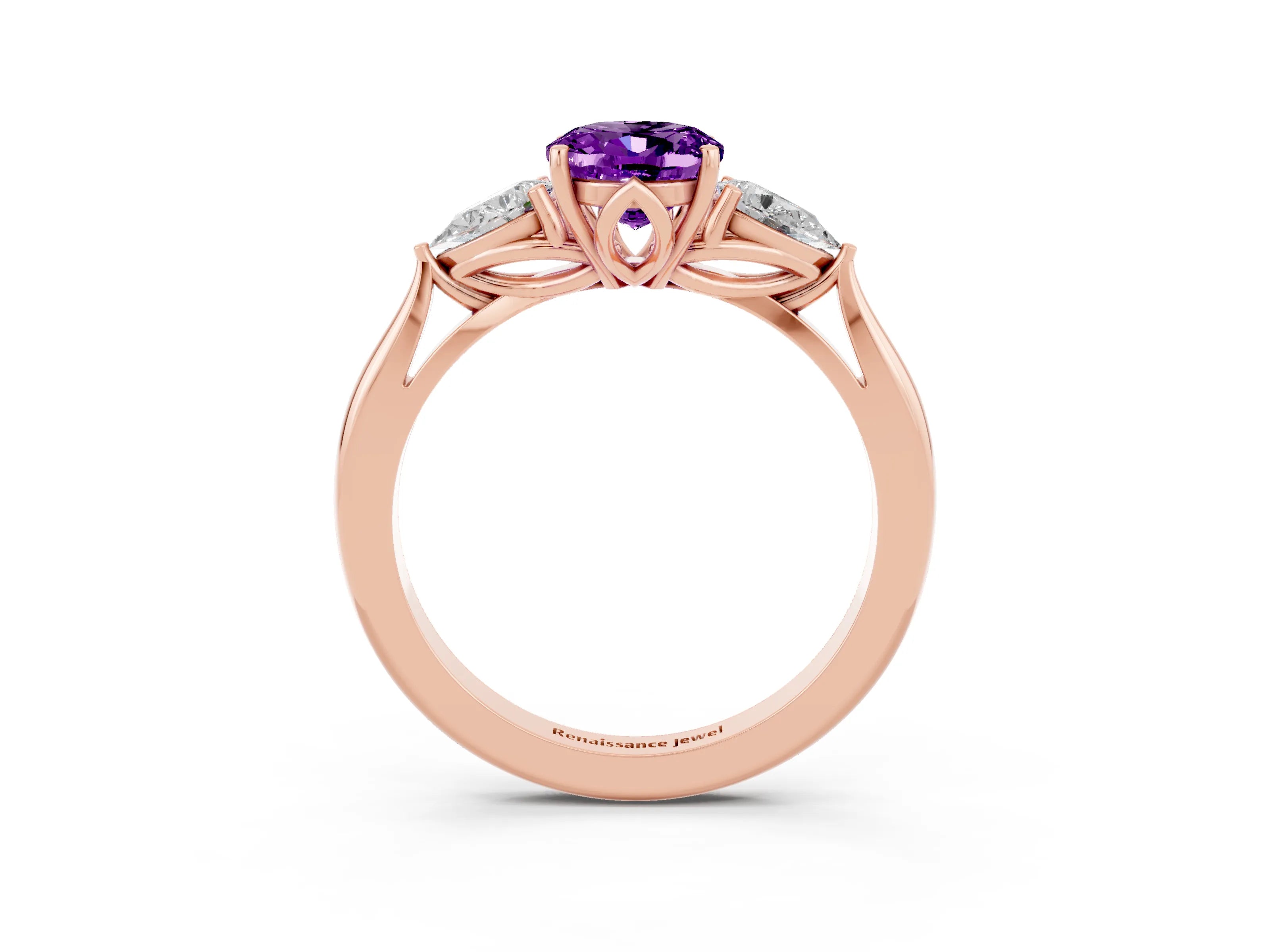 Rose gold Oval Cut Amethyst Three-Stone Ring with Pear Side Stones and Four-Prong Setting_15