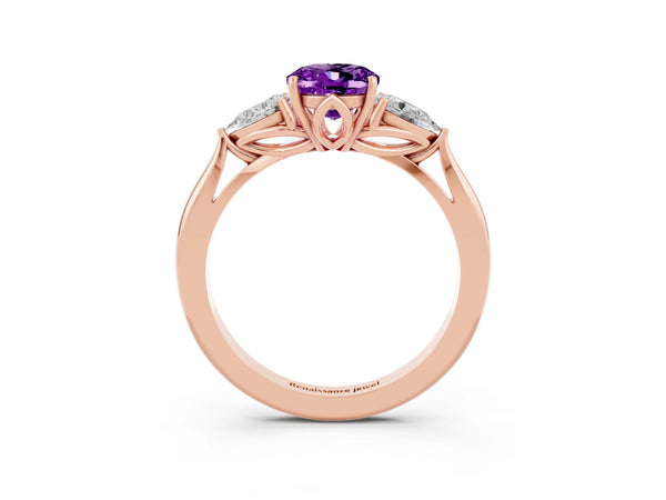 Rose gold Oval Cut Amethyst Three-Stone Ring with Pear Side Stones and Prong Setting
