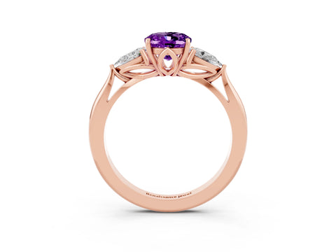 Rose gold Oval Cut Amethyst Three-Stone Ring with Pear Side Stones and Four-Prong Setting_15