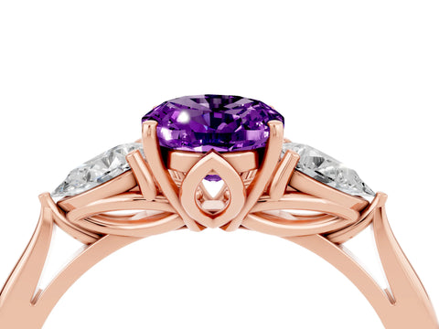 Rose gold Oval Cut Amethyst Three-Stone Ring with Pear Side Stones and Four-Prong Setting_16