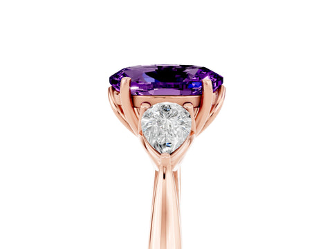 Rose gold Oval Cut Amethyst Three-Stone Ring with Pear Side Stones and Four-Prong Setting_17