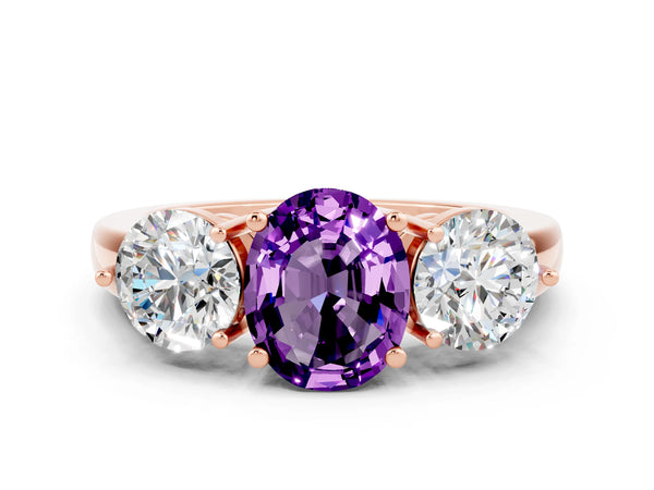 Rose gold Oval Cut Amethyst Three-Stone Ring with Prong Setting and Classic Band
