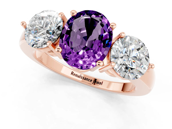 Rose gold Oval Cut Amethyst Three-Stone Ring with Prong Setting and Classic Band