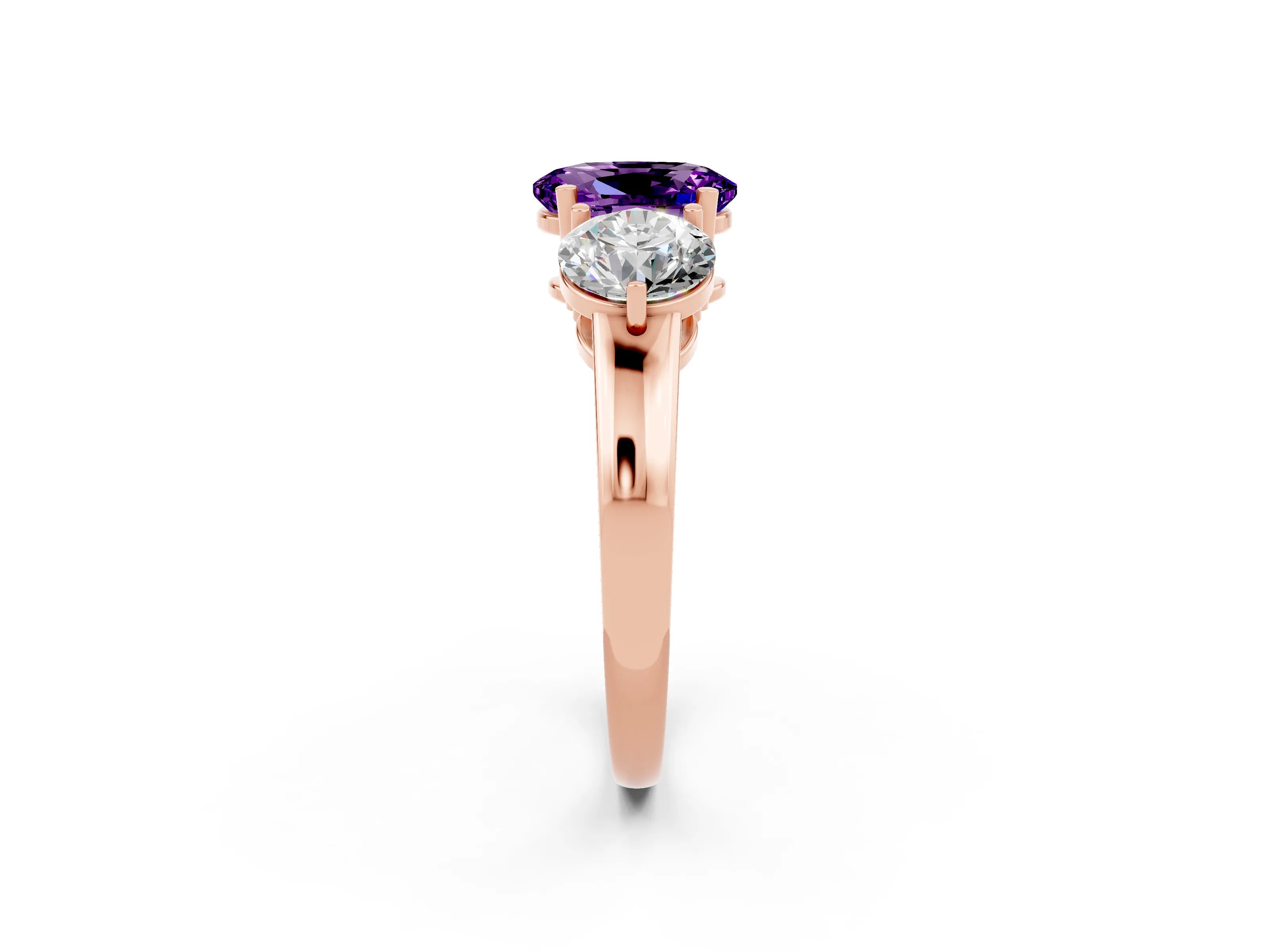 Rose gold Oval Cut Amethyst Three-Stone Ring with Prong Setting and Classic Band_2