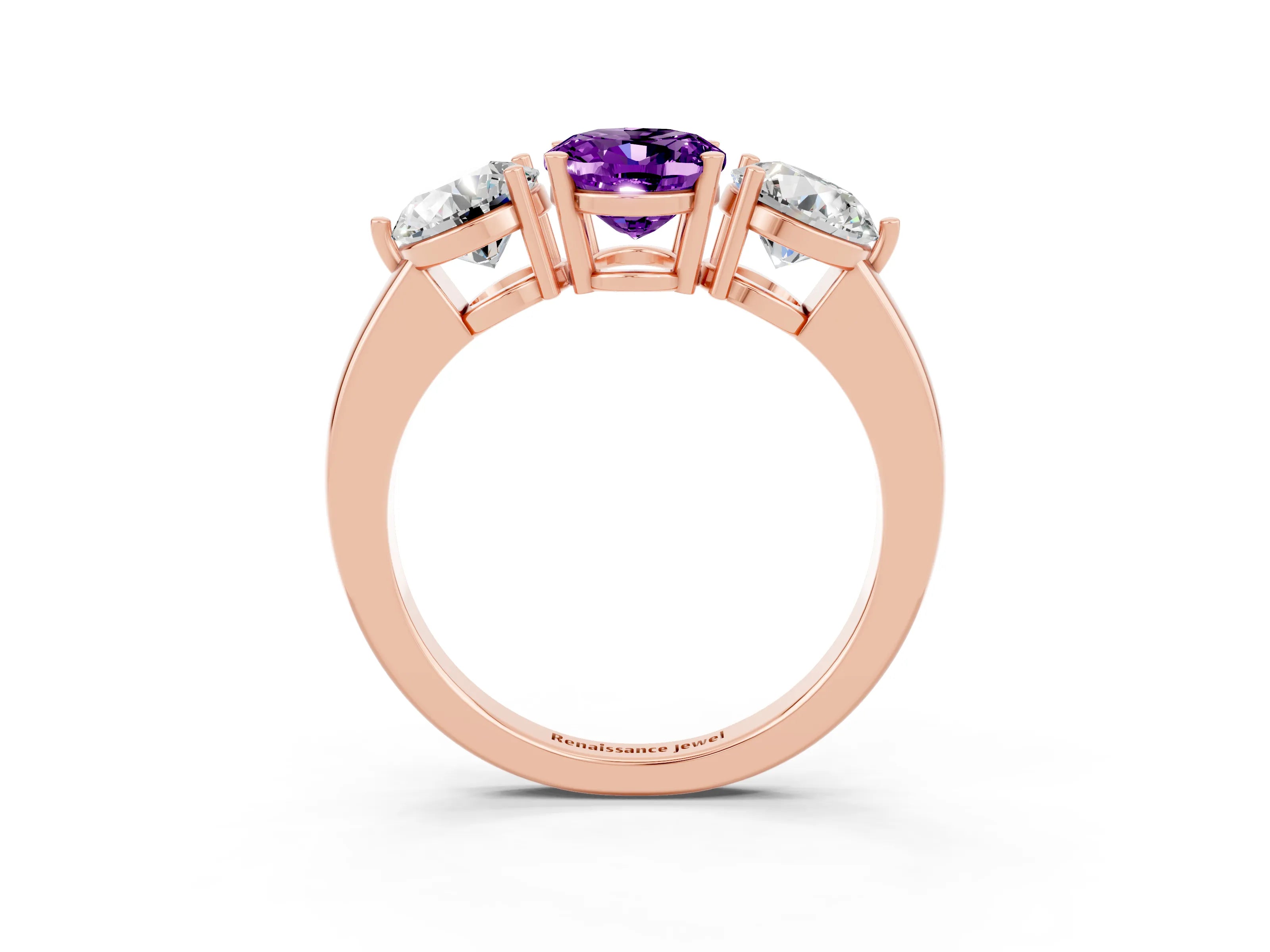 Rose gold Oval Cut Amethyst Three-Stone Ring with Prong Setting and Classic Band_3