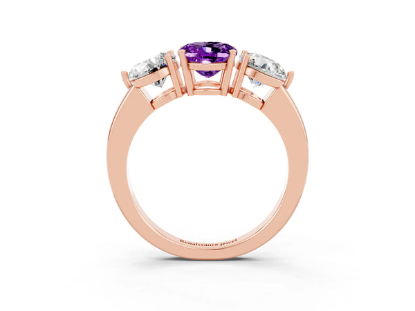 Rose gold Oval Cut Amethyst Three-Stone Ring with Prong Setting and Classic Band