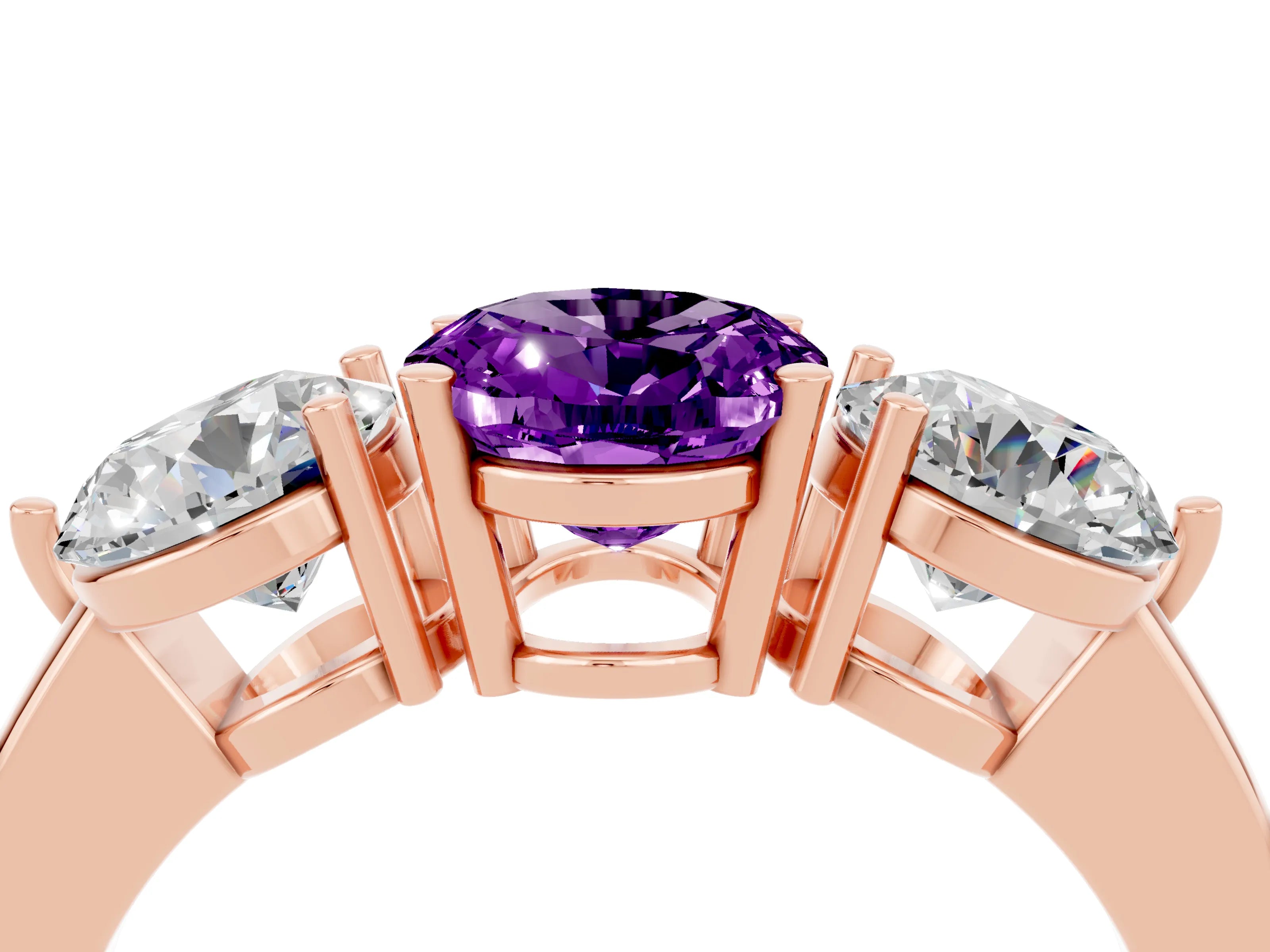 Rose gold Oval Cut Amethyst Three-Stone Ring with Prong Setting and Classic Band_4